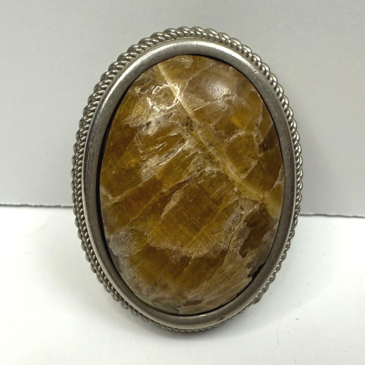 Vintage Rutile Stone Brooch Pin Oval Cabochon Silver Tone Rope Edge 1.5 In H